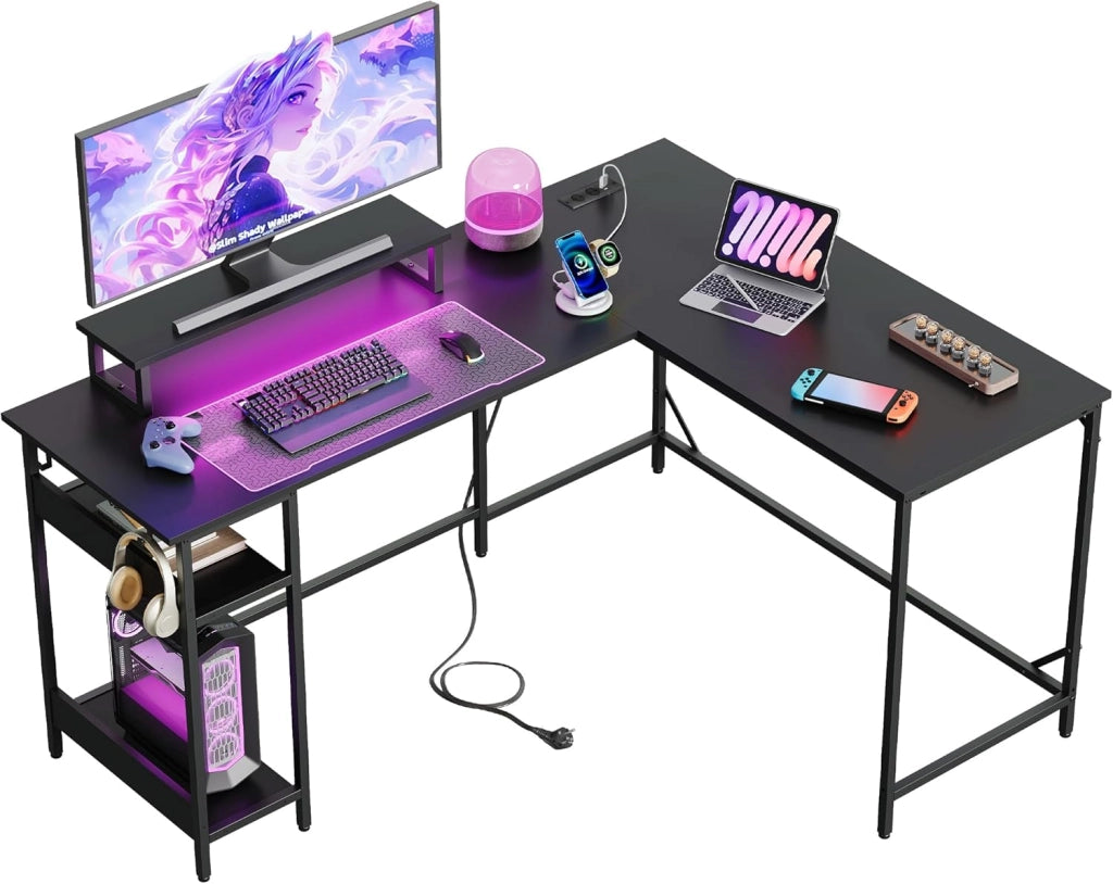 Scrivania da gaming angolare regolabile 2-in-1 ¨C zephmum ¨C 152x118x50 cm, nero, con LED RGB