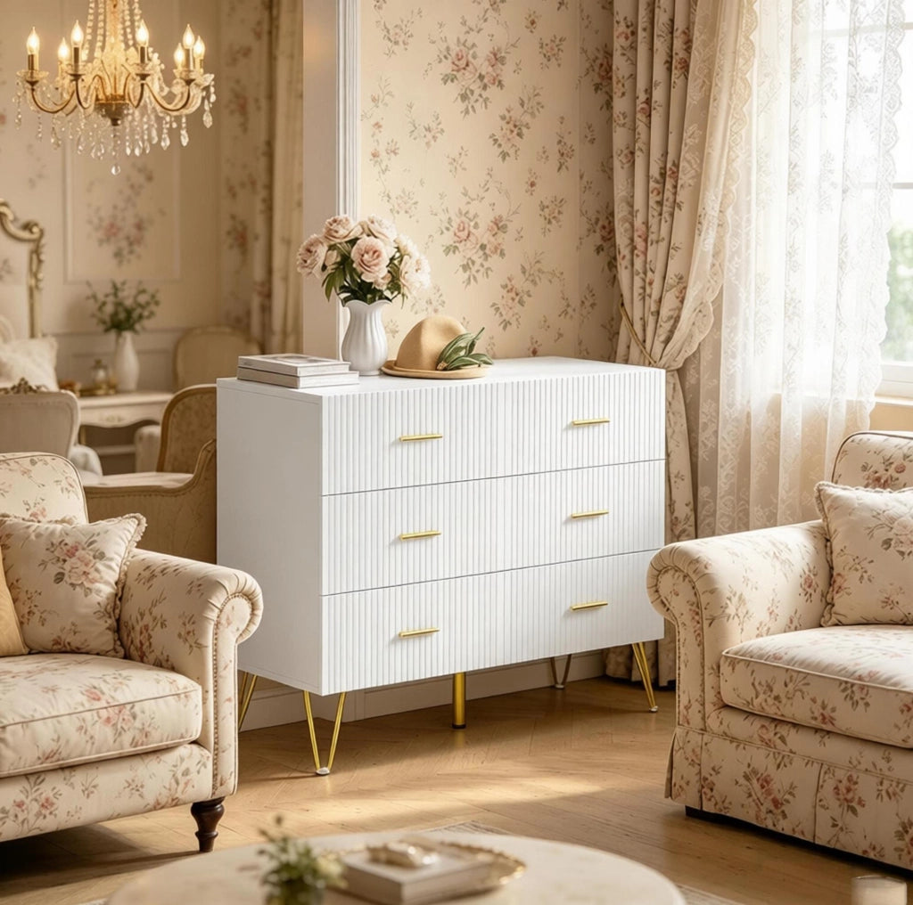 Cassettiera bianca e oro con 6 cassetti, 100 x 40 x 75 cm