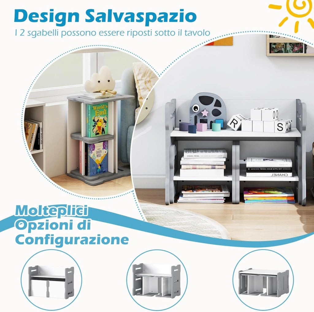 Set Tavolo e Sedia per Bambini, Set 3 Pezzi per Bambini con 2 Sgabelli e Tavolo Attività, Angoli Arrotondati e Maniglia, Mobili Multifunzionali per Casa, Scuola e Asilo (Grigio)