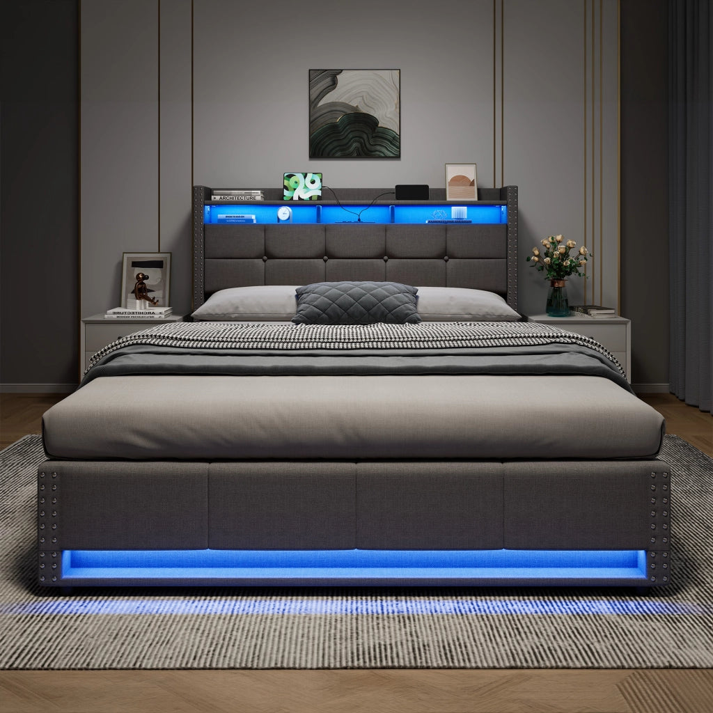 Letto imbottito 140x200 cm grigio scuro con contenitore, testiera regolabile, LED e porte USB
