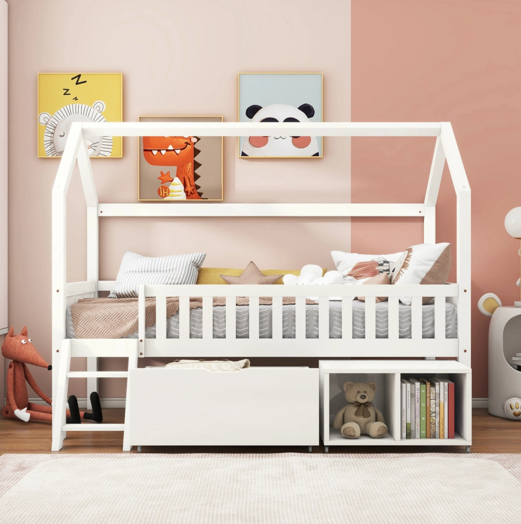 Letto a casetta per bambini 90x200 cm bianco in pino