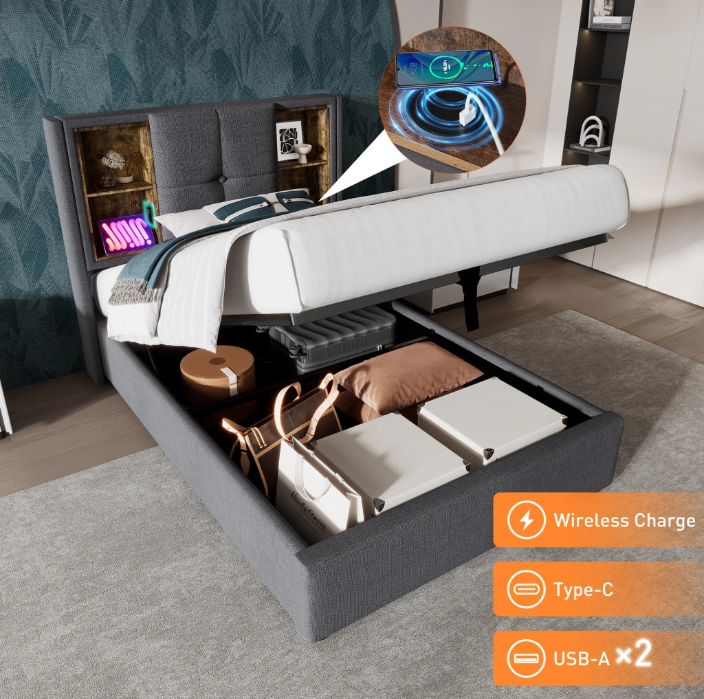 Letto singolo imbottito 90x200 cm grigio in cotone con contenitore; ricarica wireless e USB