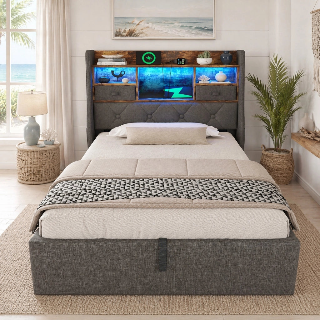 LETTO Contenitore 90x200 cm Grigio in Lino con materasso incluso, LED e USB/Type-C
