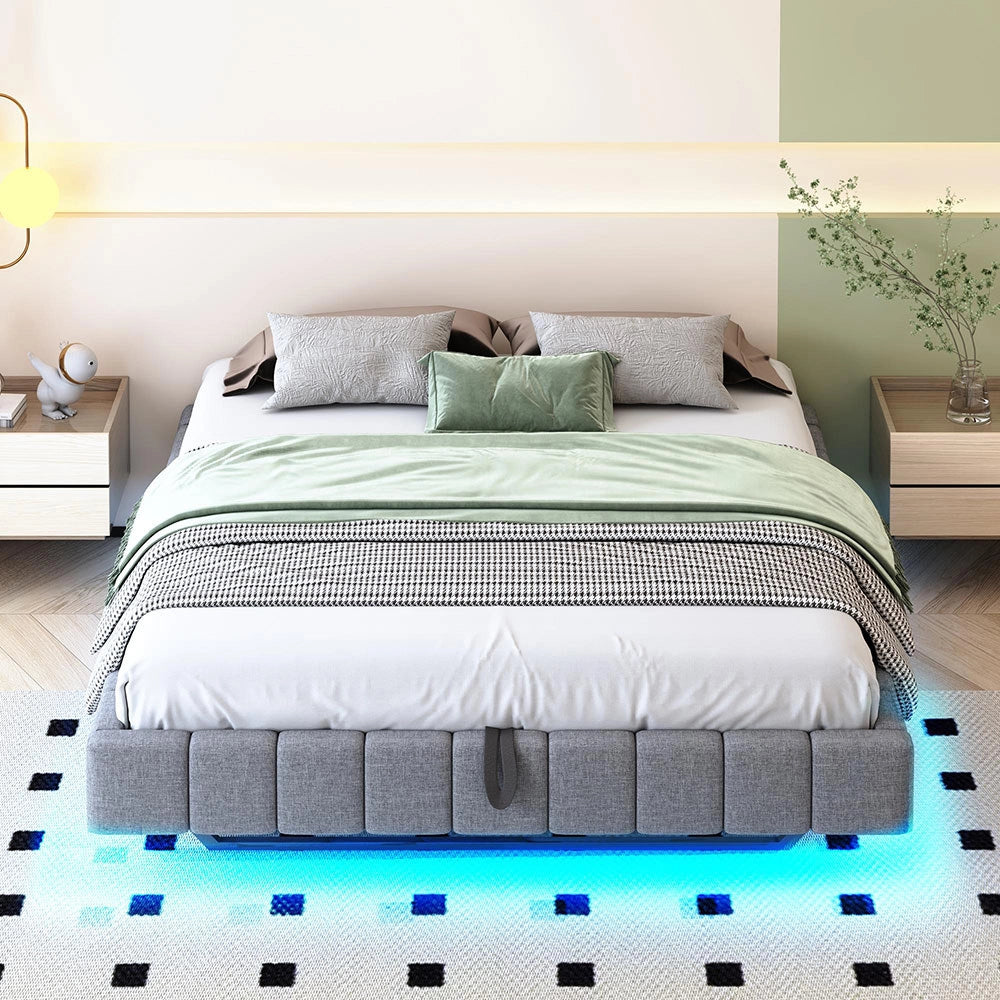 Letto-Xylo-160x200 cm-idraulico, LED, senza testiera, lino grigio