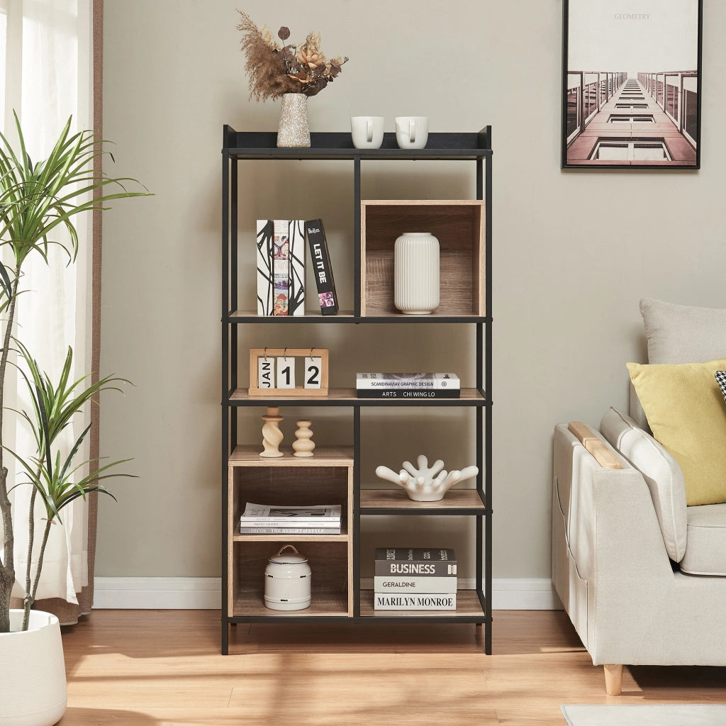 Libreria Belana Scaffale da Terra con Scomparti Aperti 137 x 70 x 33 cm - Nero/Effetto Rovere [en.casa]