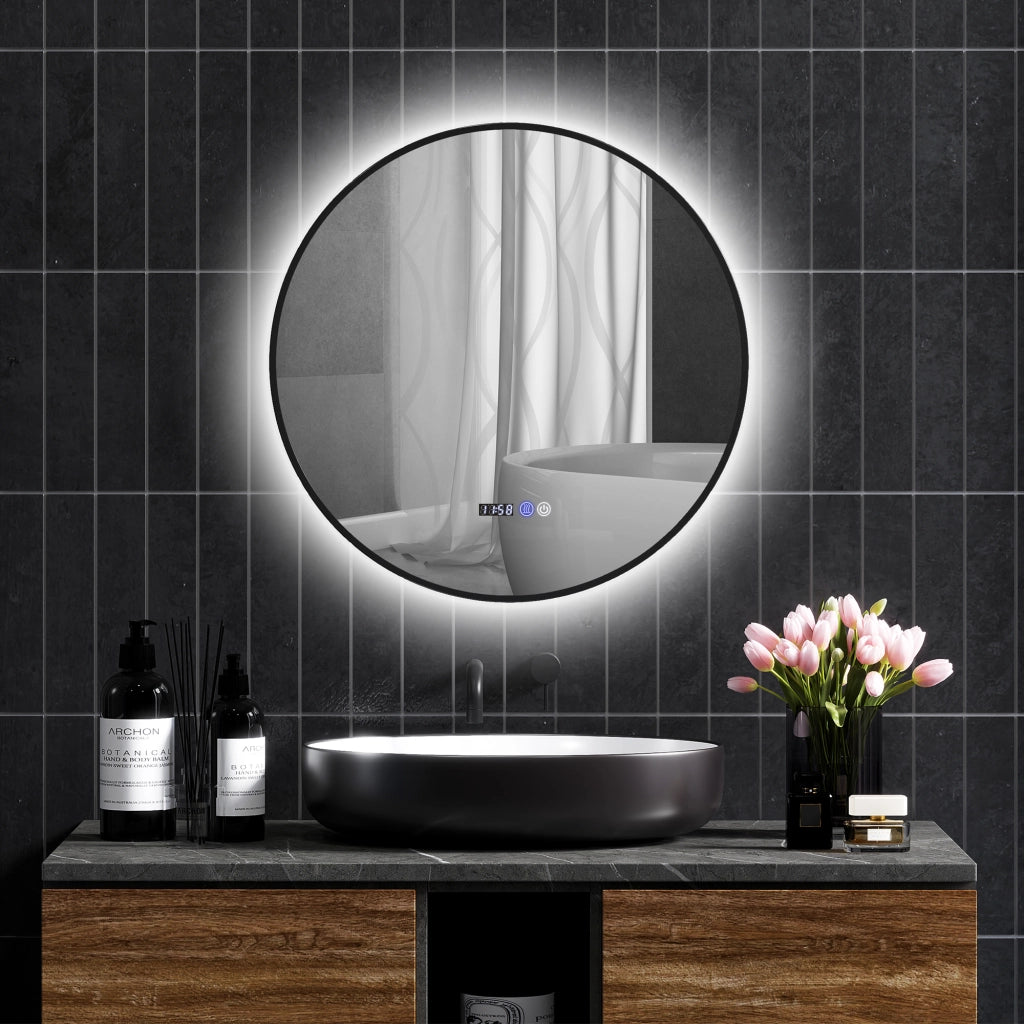 Specchio da Bagno Rotondo con Luce LED ¨C zephmum ¨C Nero, Antifog, Touch