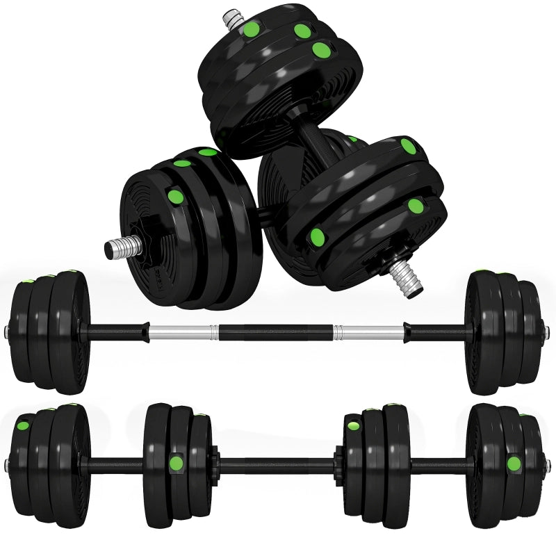 Set di manubri 2 in 1, bilanciere e manubrio, 25 kg, antiscivolo, adatto a pavimenti, nero/verde
