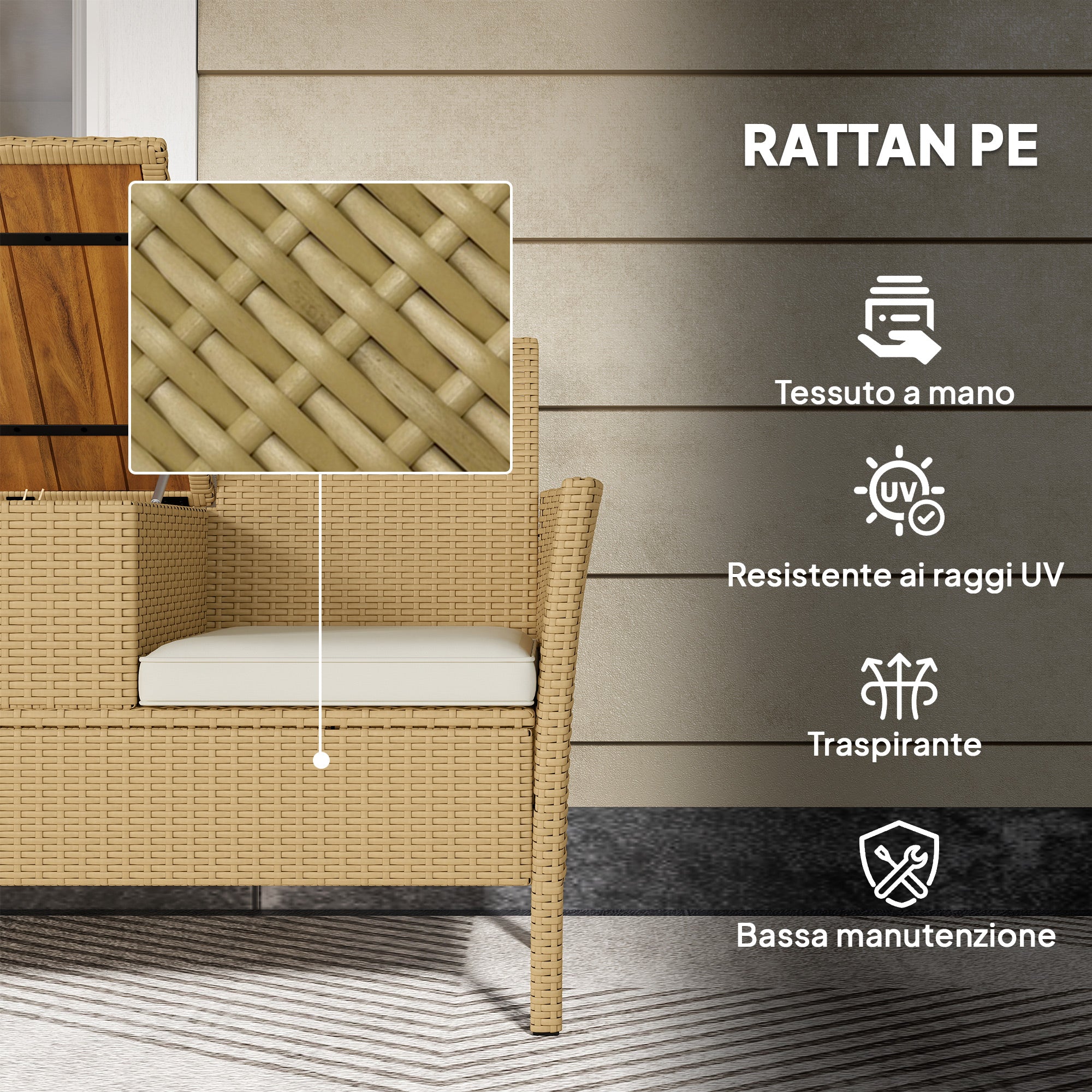 Panca da Giardino con Tavolino a Ribalta Portaoggetti 134x58x82 cm in Rattan e Acciaio Crema e Cachi