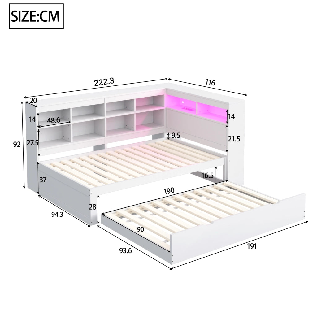 Divano letto singolo in legno con letto estraibile, USB, LED e ripiani laterali, bianco, 90 × 200 cm