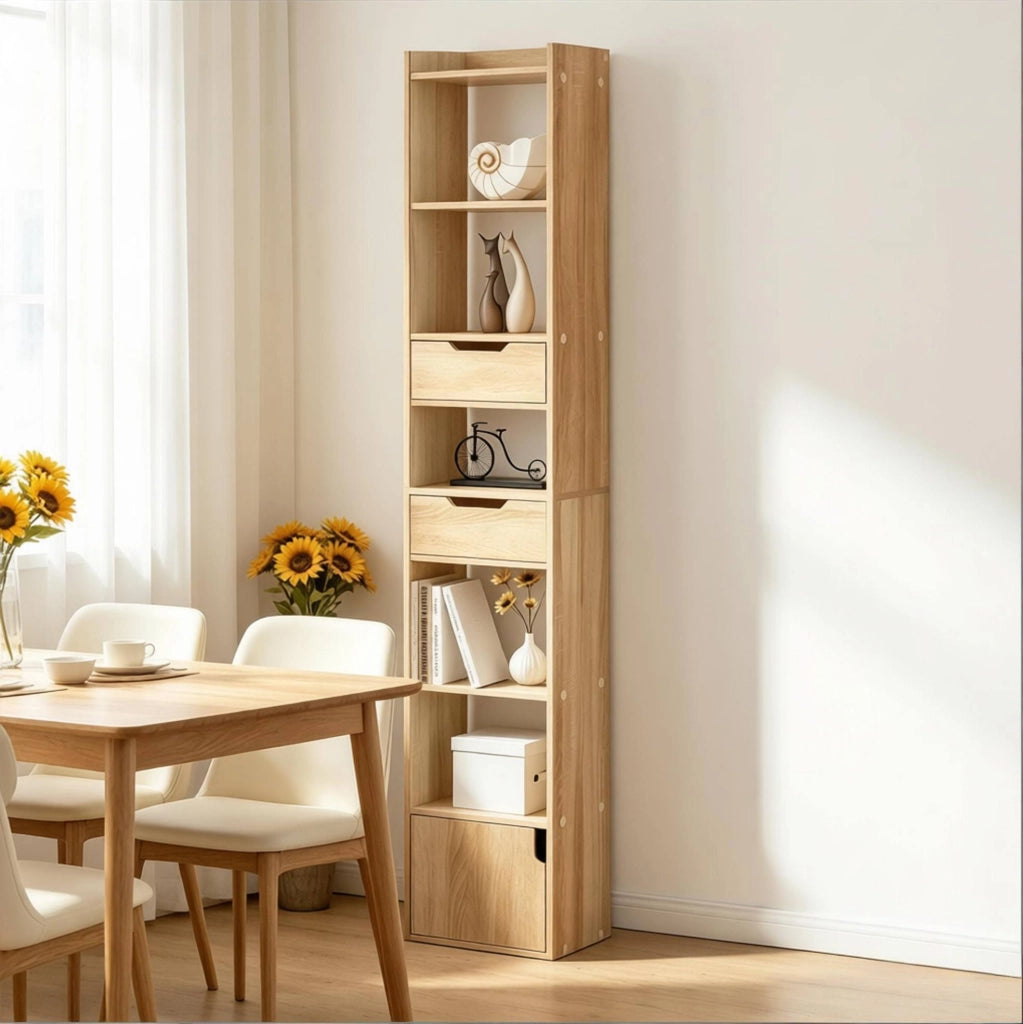Libreria moderna in legno E1 con 6 ripiani, 2 cassetti e anta, colore rovere chiaro, 33x181x24 cm