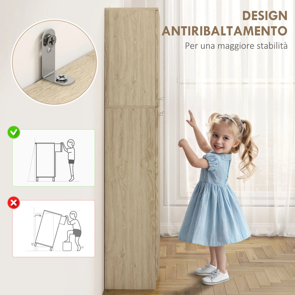 Mobile Contenitore Minimal 59x31x155 cm con 2 Armadietti e Mensole Regolabili in Legno Rovere