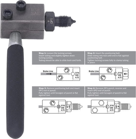 Felsapparecchio per guida freni in acciaio di carbonio - progetto compatto - maniglia rimovibile - attrezzo a doppia testa - tubi di acciaio nichel-copernickel 3/16 pollice.