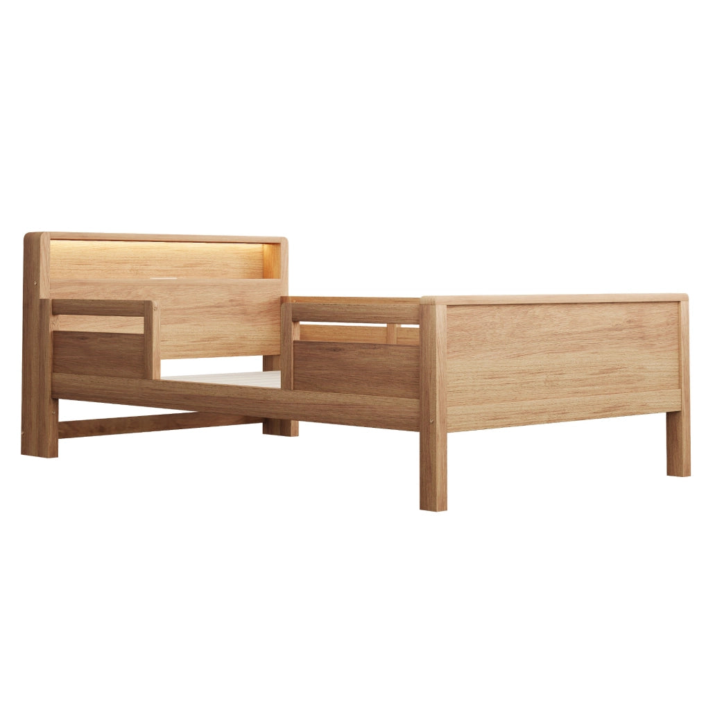 Letto singolo per bambini in legno con LED, USB-C e testiera con vano