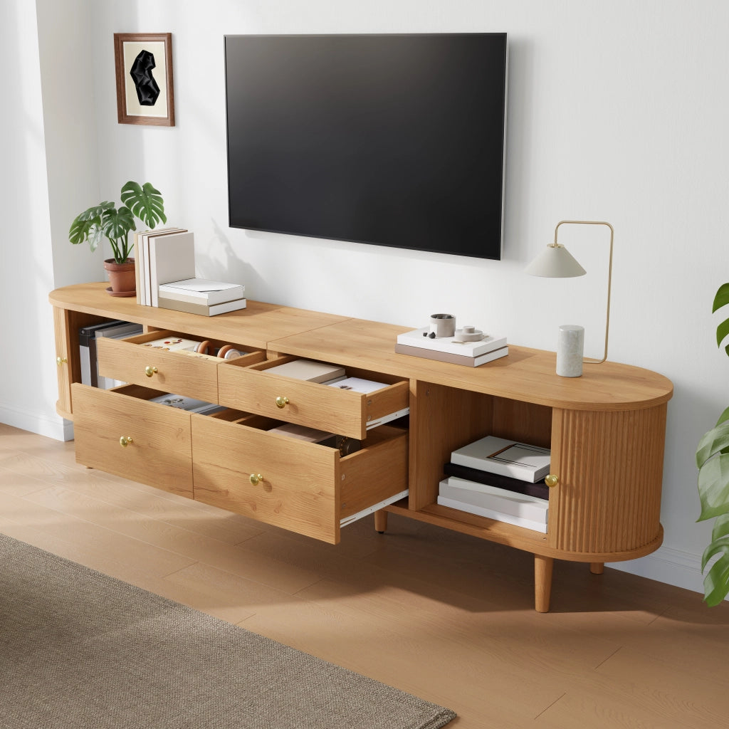 Mobile TV con 2 ante scorrevoli; 4 cassetti; 5 piedini in legno; per soggiorno; 180 × 35 × 50 cm; naturale