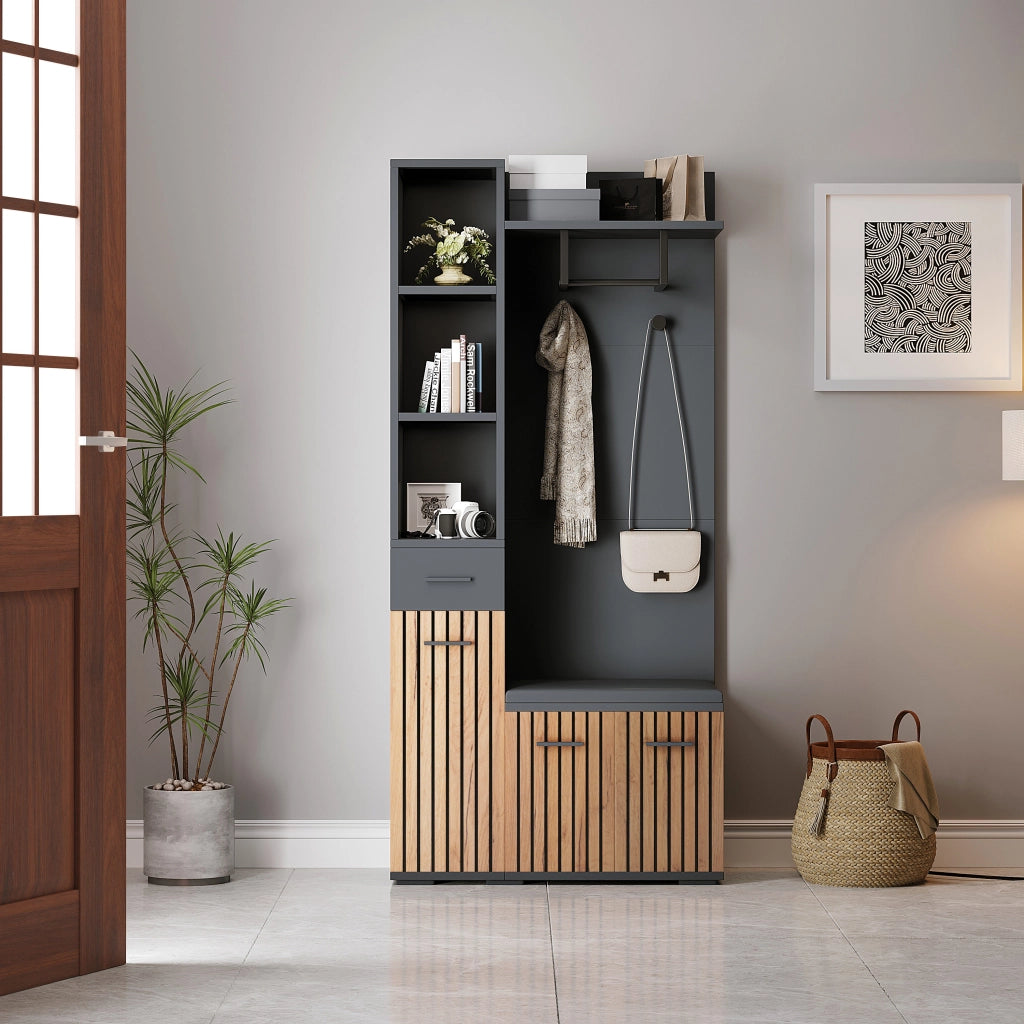 Mobile ingresso con 2 armadi; 1 cassetto; 5 vani; 2 ganci e panca; in pannello truciolare; 80 × 35 × 175 cm