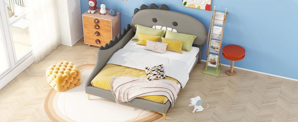 DESMIU Letto per bambini 140 × 200 cm 2 posti con testiera dinosauro, senza materasso, in PU e MDF, grigio