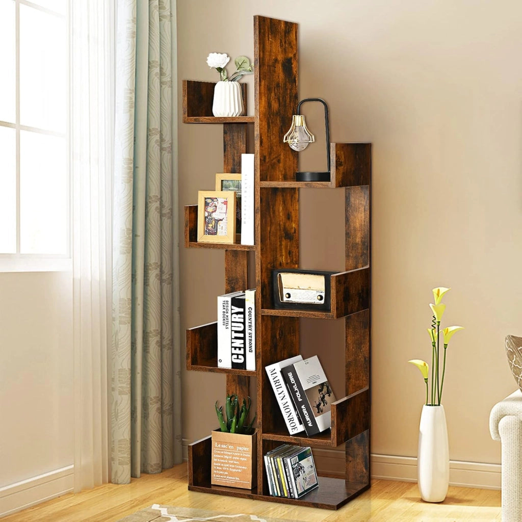Scaffale Libreria a Albero, a 8 Livelli, Ideale per Soggiorno, Studio e Ufficio, Stile Moderno, Nero/Bianco/Marrone, 50x24,5x145 cm (Marrone)