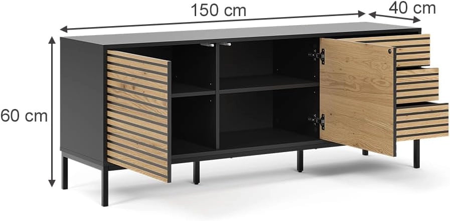 Lowboard Eliza, Quercia dorata/antracite, 150 x 60 cm con 3 cassetti, utilizzabile come supporto TV e per la conservazione