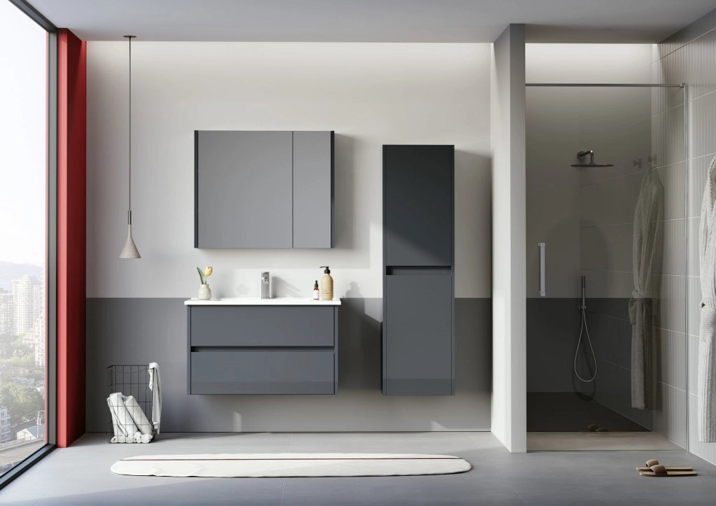 Mobile da bagno con specchio "Arno 80" - 79 x 16 x 66 cm - Grigio / Antracite