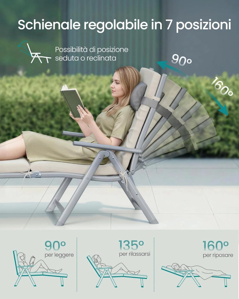 SONGMICS Lettino Prendisole, Pieghevole, Sedia a Sdraio con Materassino da 6 cm, Poggiatesta Rimovibile, Traspirante, Schienale Regolabile, Portata Fino a 150 kg, Beige Sabbia GCB024WZ02