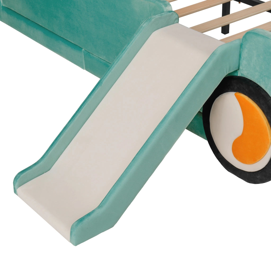 Letto per bambini 140x200 cm a forma di auto con scivolo e scala reversibili in velluto blu-verde