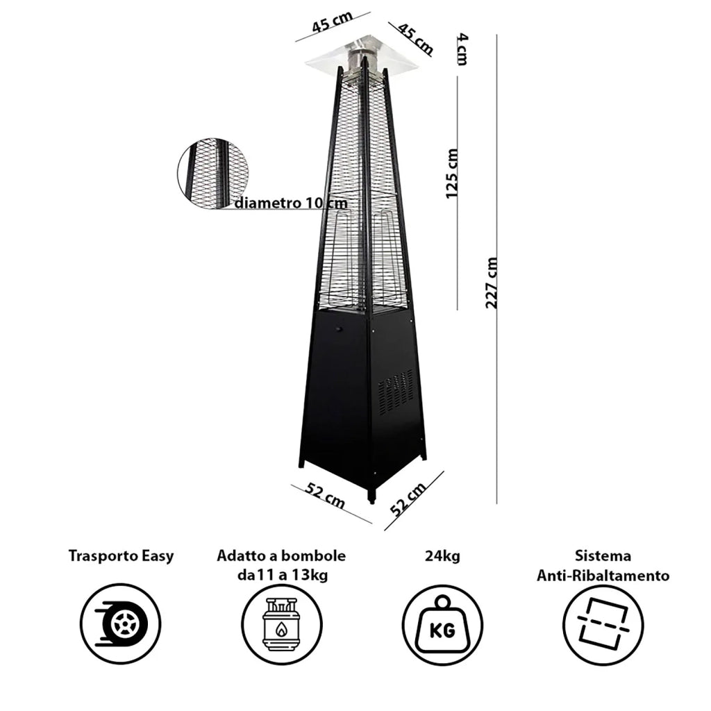 Stufa a Fungo a Gas Max 13kW Fiamma Viva Verticale 52x52x227 cm Pyramid Nero