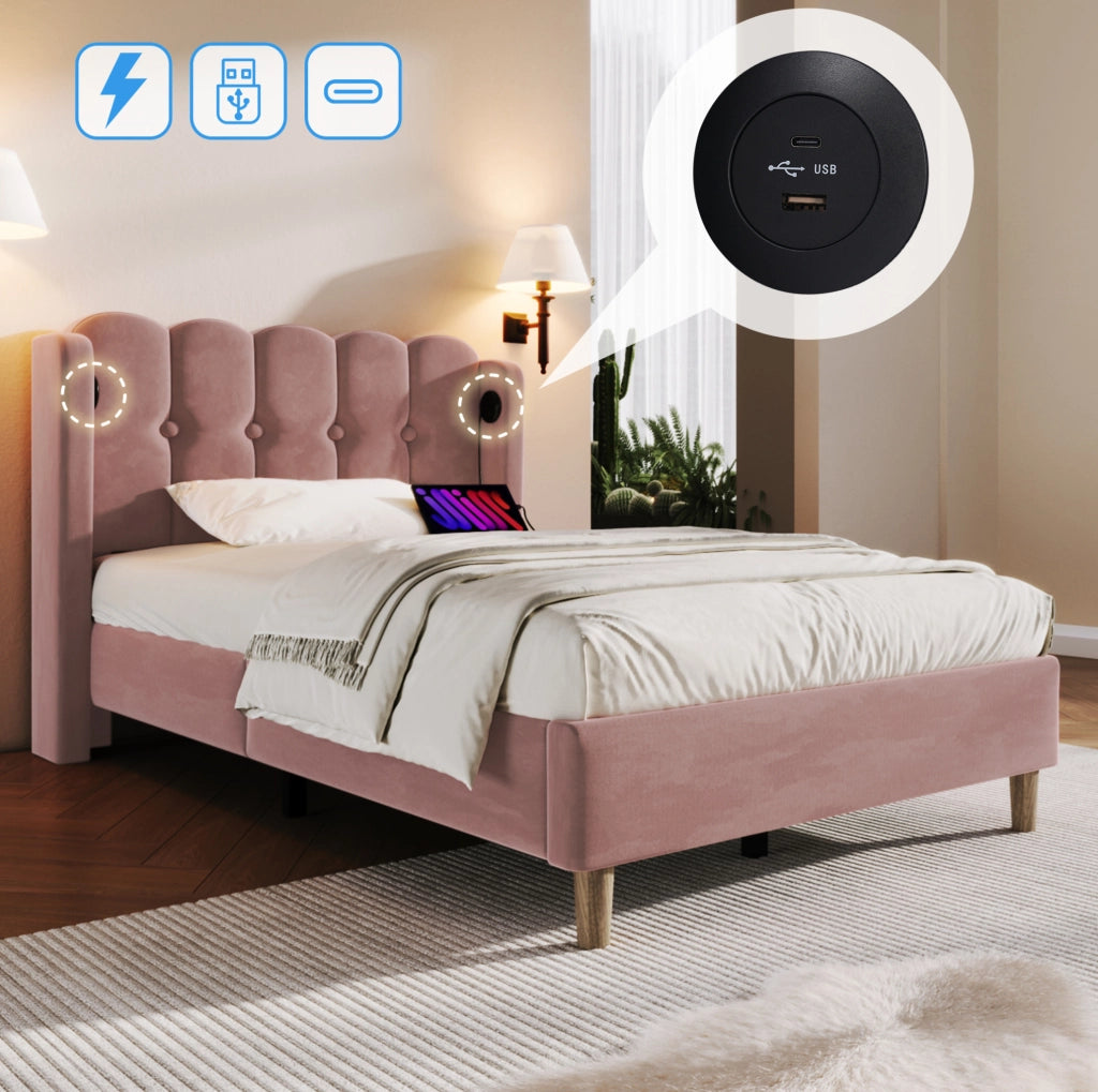 Letto imbottito rosa con ricarica USB e materasso incluso