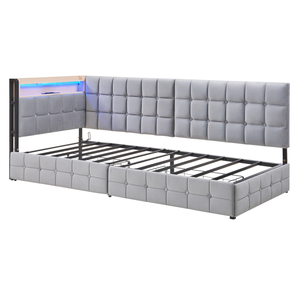 Divano letto 90x200 cm con LED e 2 cassetti in tessuto grigio
