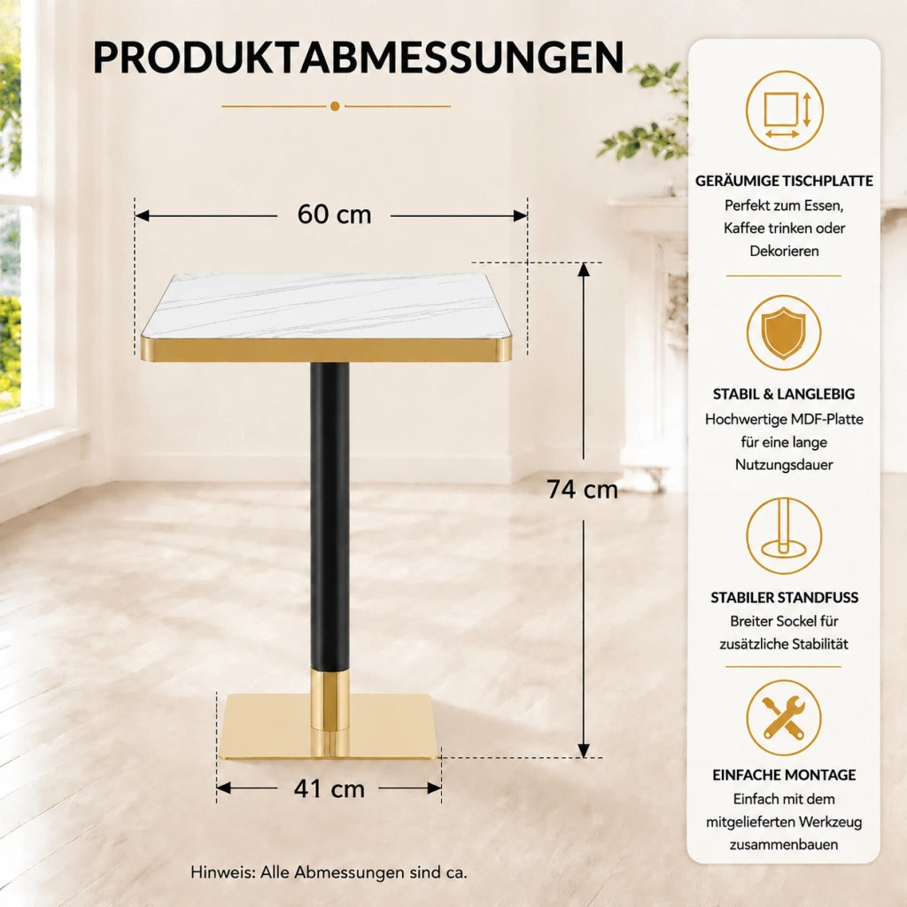 Tavolo da pranzo quadrato in MDF effetto marmo con gambe in metallo, per 2-4 persone, bianco, 60 × 60 × 74 cm