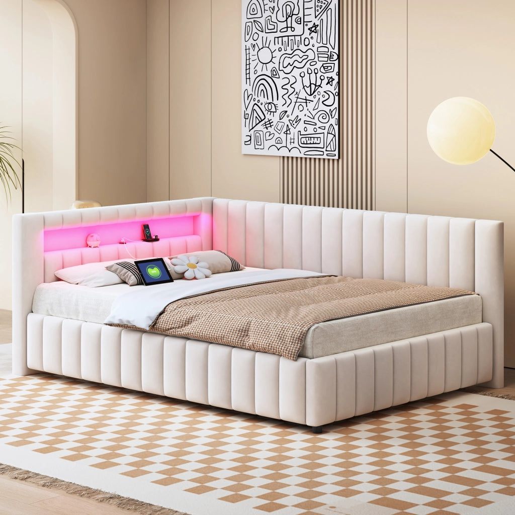 Letto divano 140 × 200 cm con LED, porta USB, schienale et testiera, senza materasso, in velluto, beige