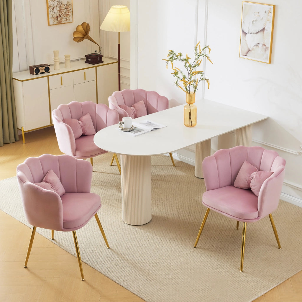 Poltrona con schienale a fiore, cuscino e gambe metalliche dorate in velluto rosa