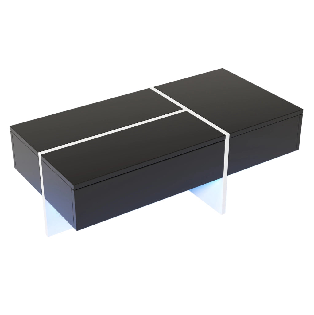 Tavolino da caffè lucido nero 100x50x34;5 cm con LED controllabile da app e 3 cassetti