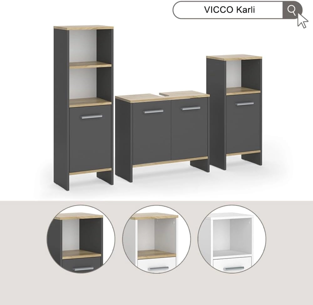 Set di mobili da bagno Karli, Bianco, 63.8 cm, composto da mobile sottolavabo, specchiera e colonna alta