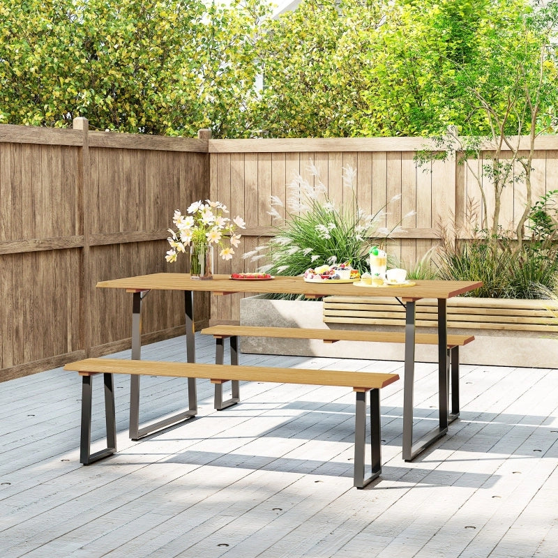 Tavolo da pranzo per esterni con 2 panche e foro ombrellone, in legno e acciaio, per giardino, 178 × 76 × 77 cm
