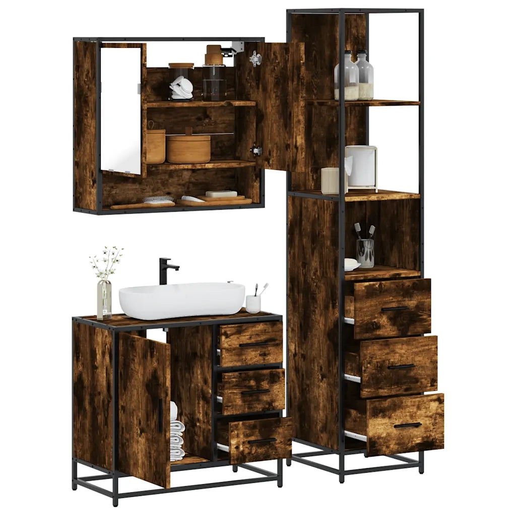 Set Mobili da Bagno | Armadio da bagno 3 pz Rovere Fumo in Legno Multistrato