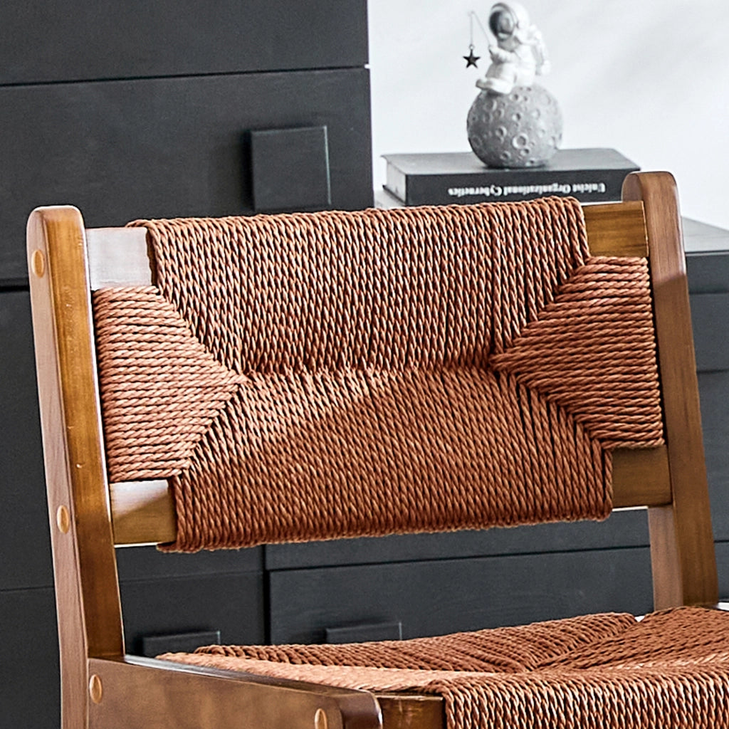 Sgabello da bar con schienale ergonomico e seduta intrecciata in legno - noce