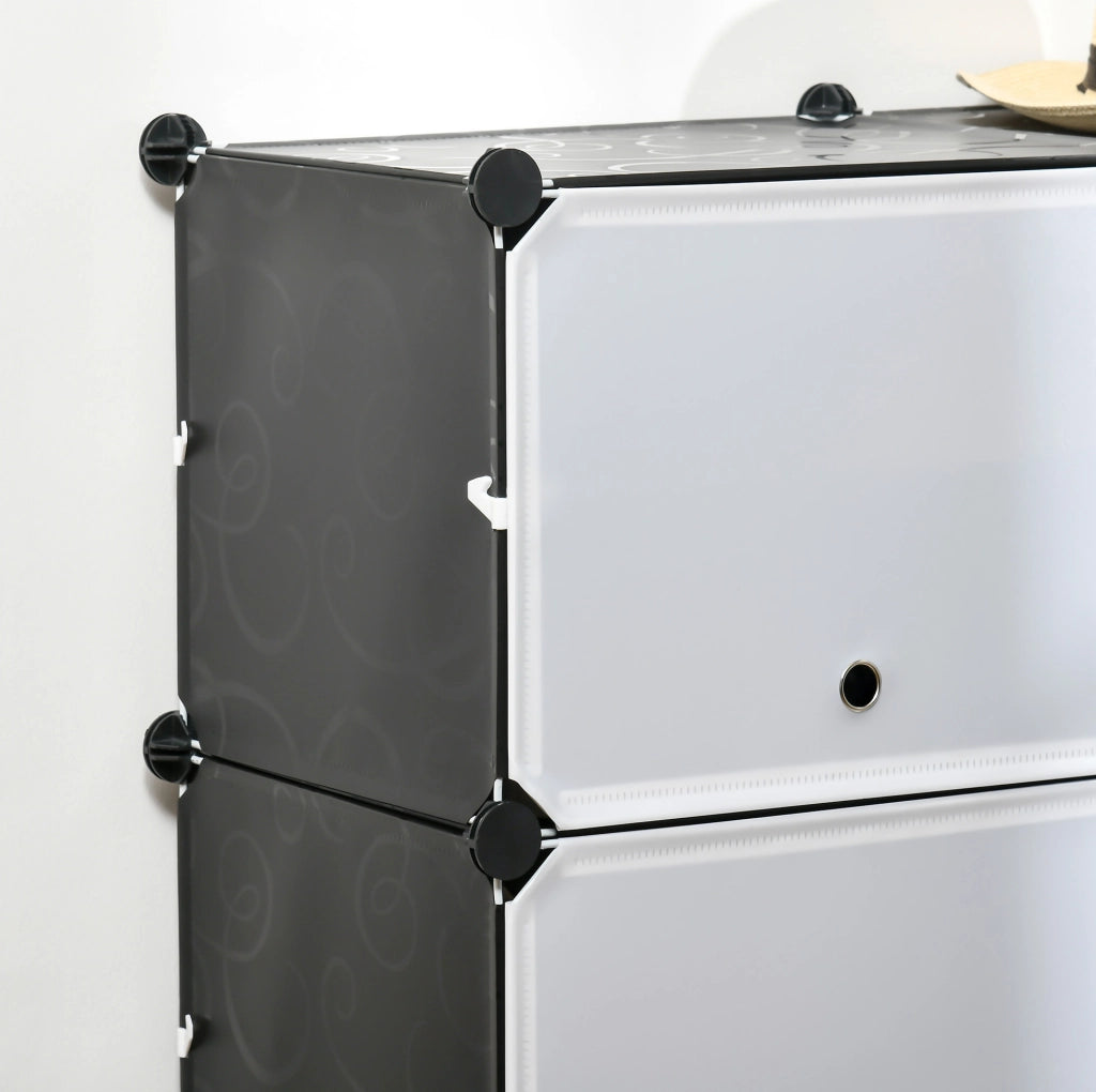 Scarpiera modulare 125x32x125 cm in plastica nera e bianca， 12 cubi