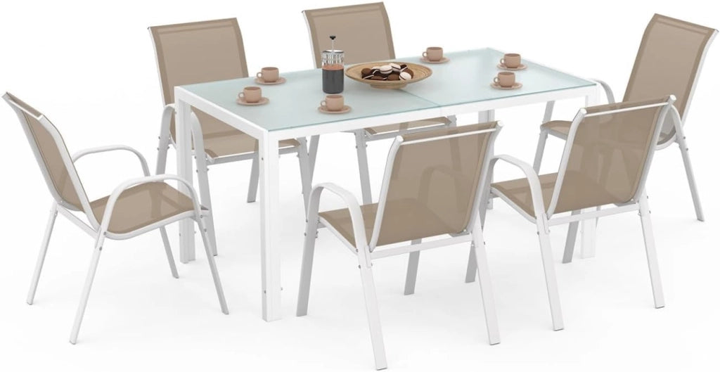Set di mobili da Giardino Madrid Tavolo 150 CM e 6 sedie impilabili Bianco e Beige