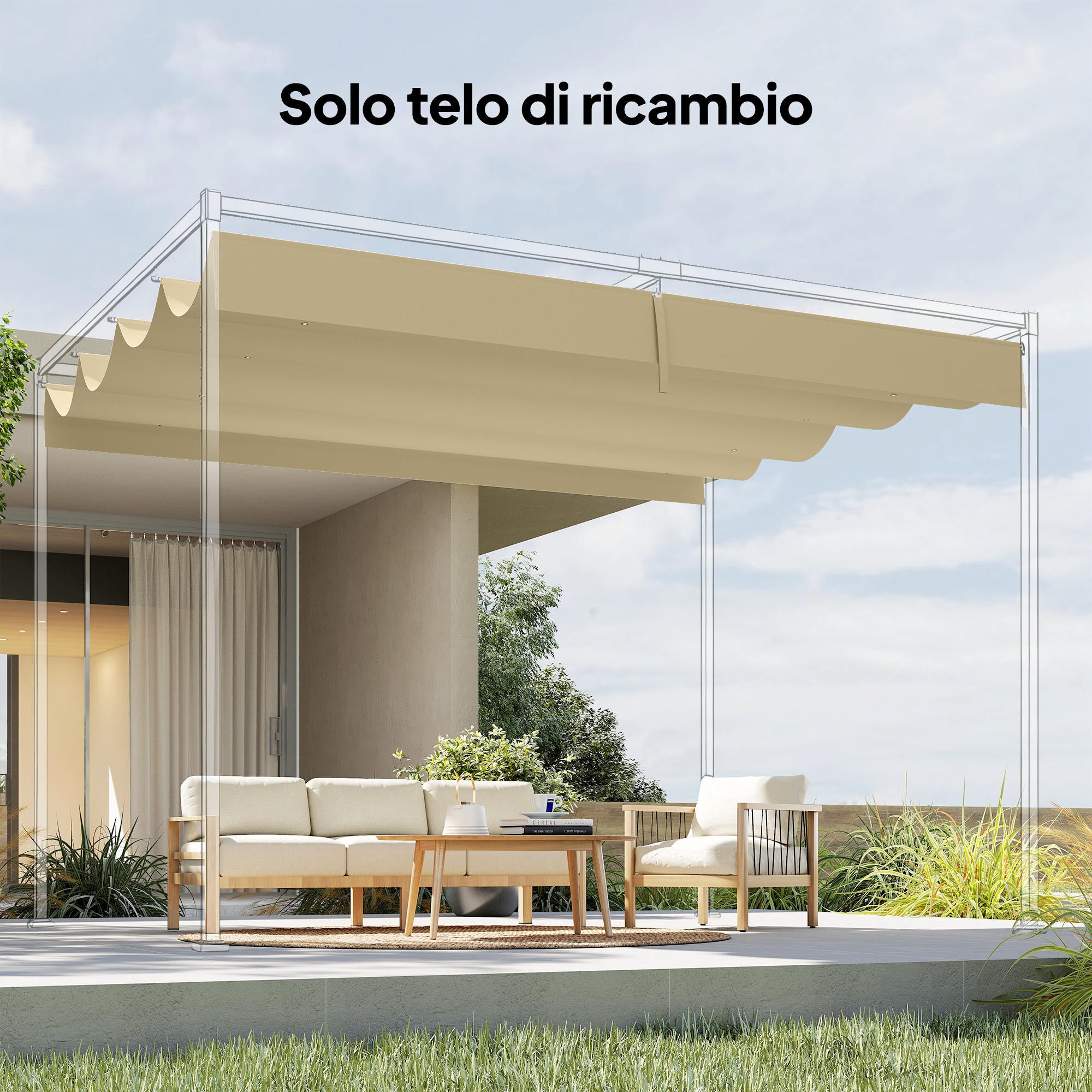 Telo Pergola per Esterni 392x350 cm Anti UV con 8 Fori di Drenaggio in Poliestere Beige