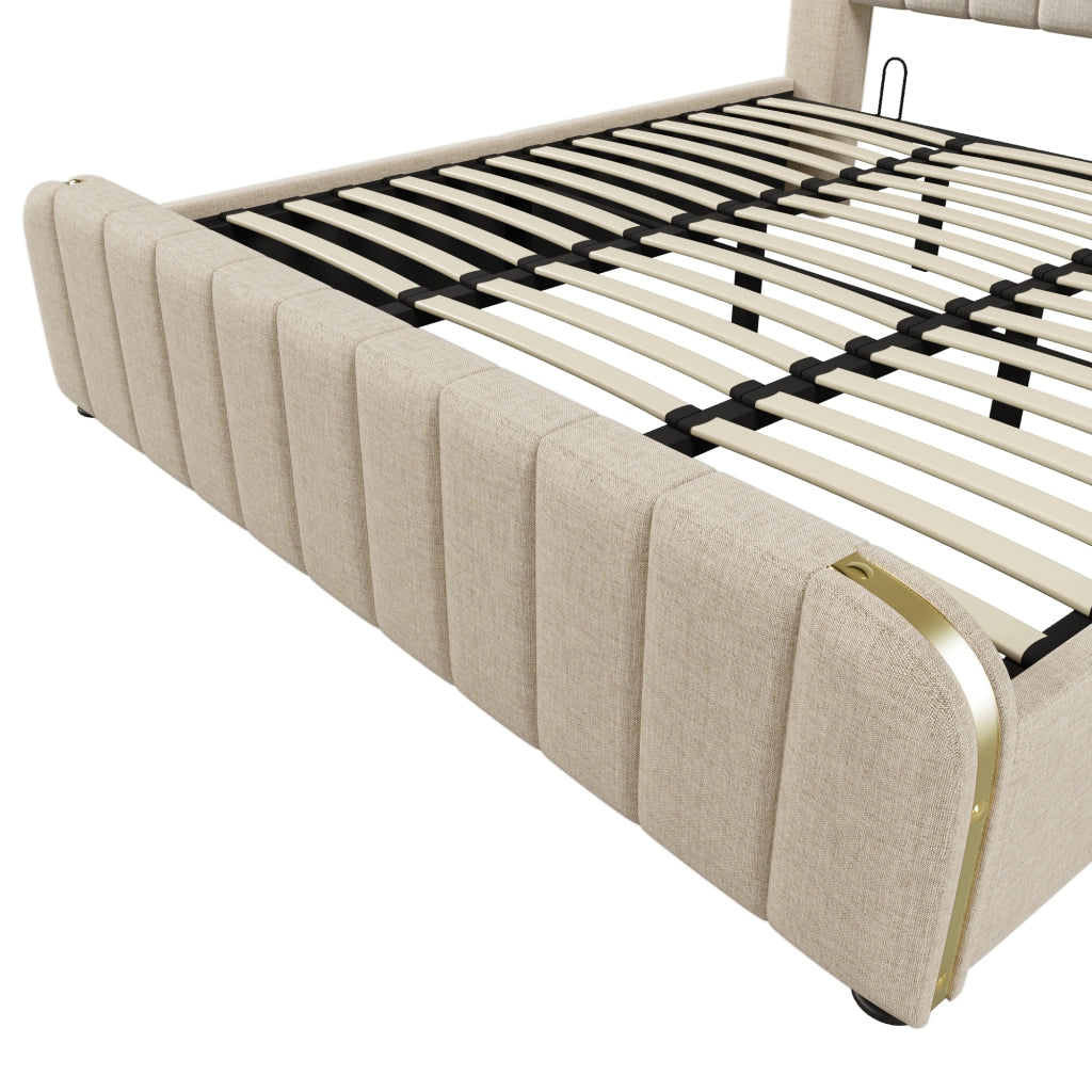 Letto Contenitore Imbottito con Testiera e USB ¨C MINIMAL ¨C Beige, Idraulico, 180x200