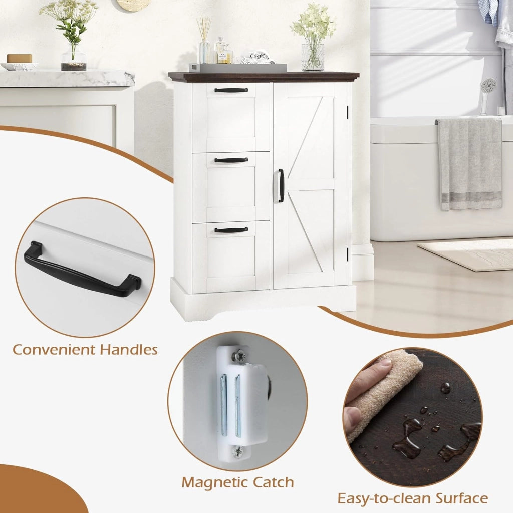 Mobiletto da Pavimento in Legno, Organizzatore per Conservazione Rustico con Porta da Fienile e 3 Cassetti, Buffet Laterale Autonomo per Cucina, Soggiorno, Sala da Pranzo (Bianco)