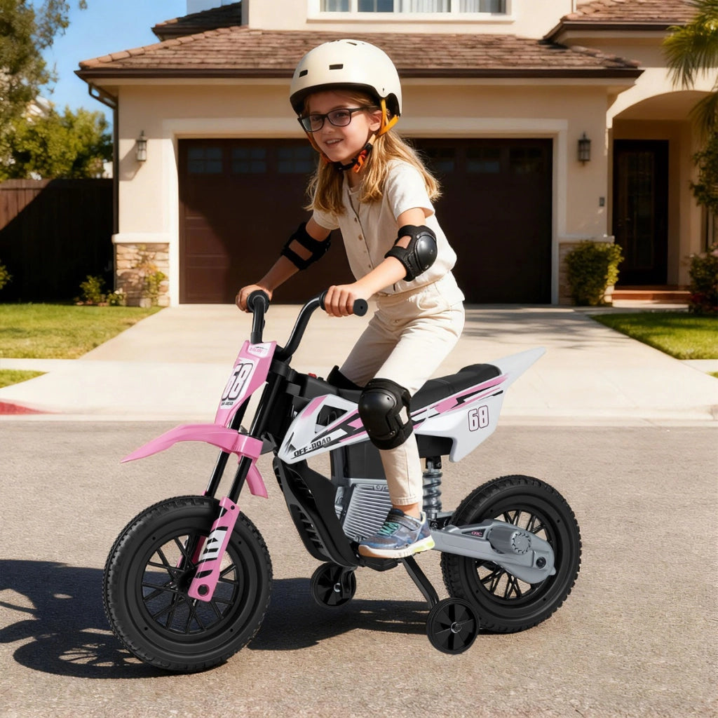 Moto per bambini 12v con ruote di allenamento rimovibili e sospensione a molla, Moto motorino a batteria con musica Rosa-Moto elettriche
