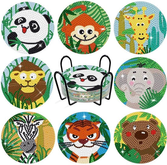 Pittura con Cristalli per Tappetini, Set di Pittura con Cristalli 5D per Adulti e Bambini, Cristalli Strass per Opere d'Arte da Colorare, Set di 8 pezzi di Pittura con Cristalli per Tappetini con Supporto (animali della foresta)