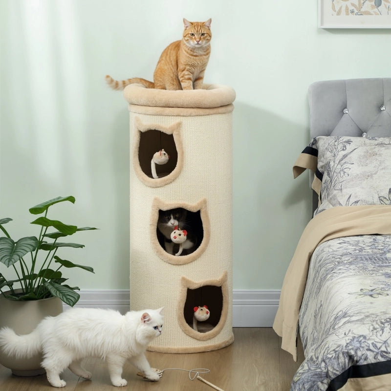 Torre tiragraffi per gatti 96 cm con 3 cucce, letto superiore sfoderabile e giochi pendenti, Cream White