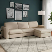 Divano Letto Aika, Divano ad angolo, Made in Italy, SofÒ  con apertura girevole, con Penisola contenitore reversibile, con Braccioli standard, cm 280x95h90, Beige