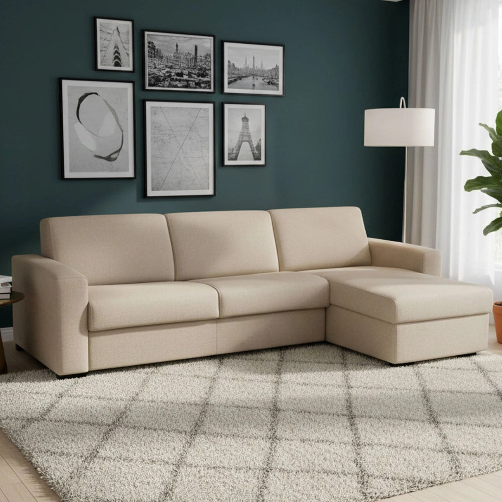 Divano Letto Aika, Divano ad angolo, Made in Italy, SofÒ  con apertura girevole, con Penisola contenitore reversibile, con Braccioli standard, cm 280x95h90, Beige