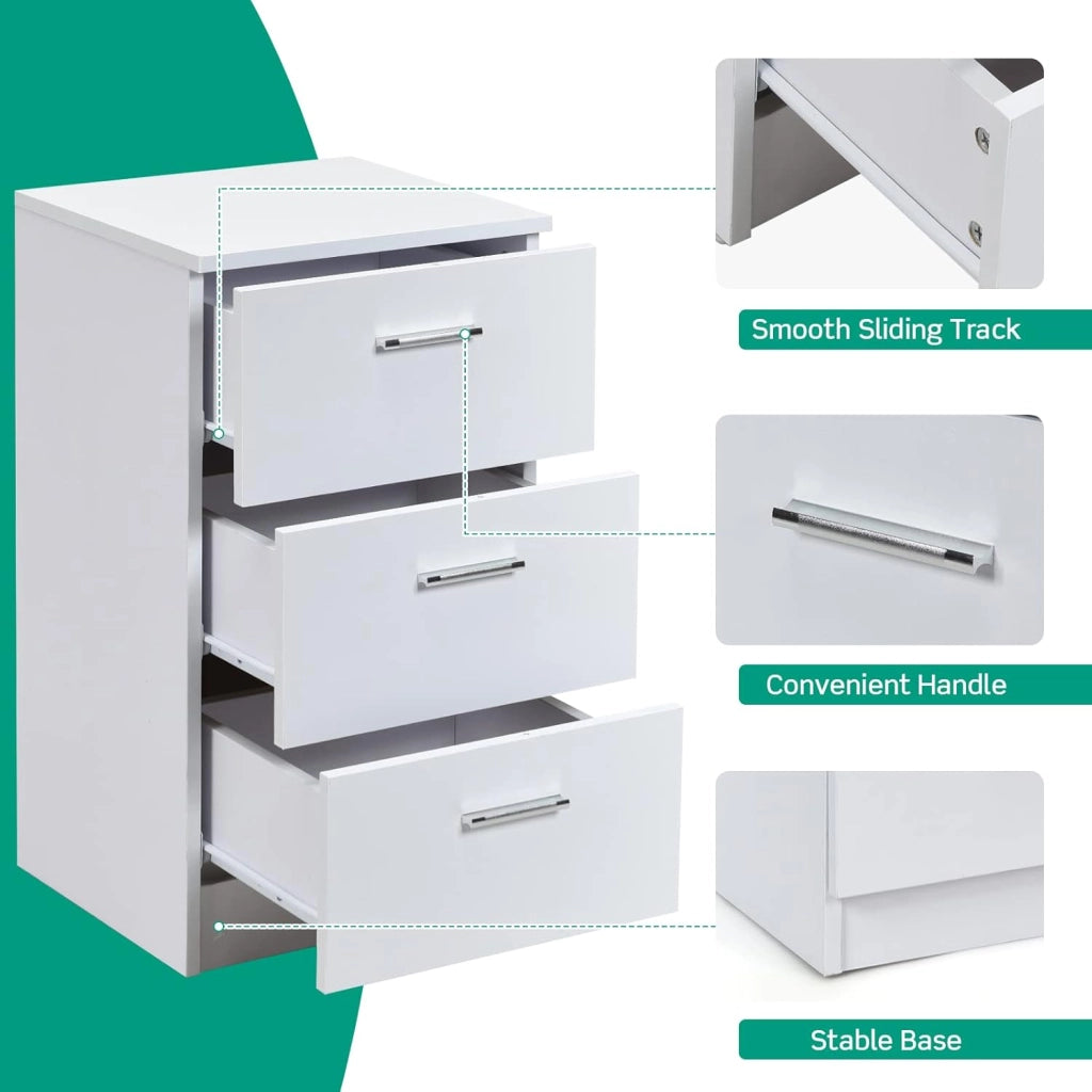Comodino Camera, Armadietto Laterale, Mobiletto Fianco Letto, con 3 Cassetti, per Ufficio/Soggiorno/Studio, Portata di 80kg, 38x35x66cm, Nero/Bianco