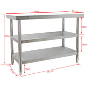 Tavolo da lavoro in acciaio inox 120 x 60 x 85 cm con 2 ripiani inferiori e piedi regolabili