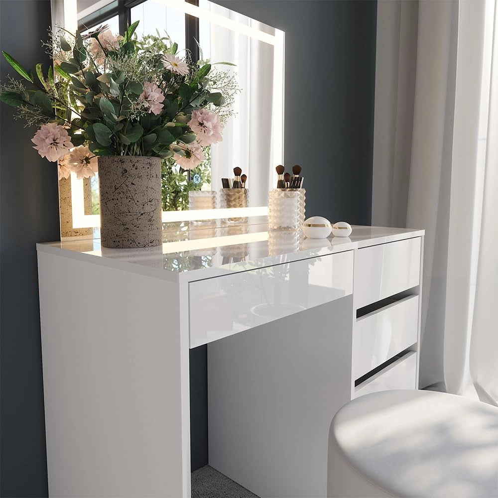 Tavolo da toeletta Sherry, Bianco/bianco lucido, 89.8 cm con specchio LED e sgabello