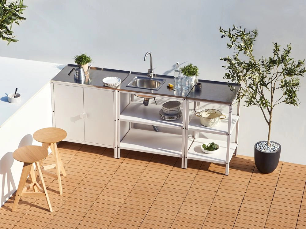 Set cucina da esterno 3 elementi in acciaio bianco 2 armadietti portaoggetti e lavello leva cucino da esterno